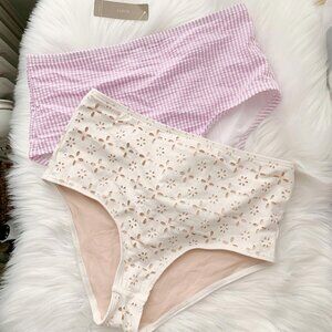 Lot of 2 J.Crew - Purple seersucker & Ivory punched hipster swim bottoms, M